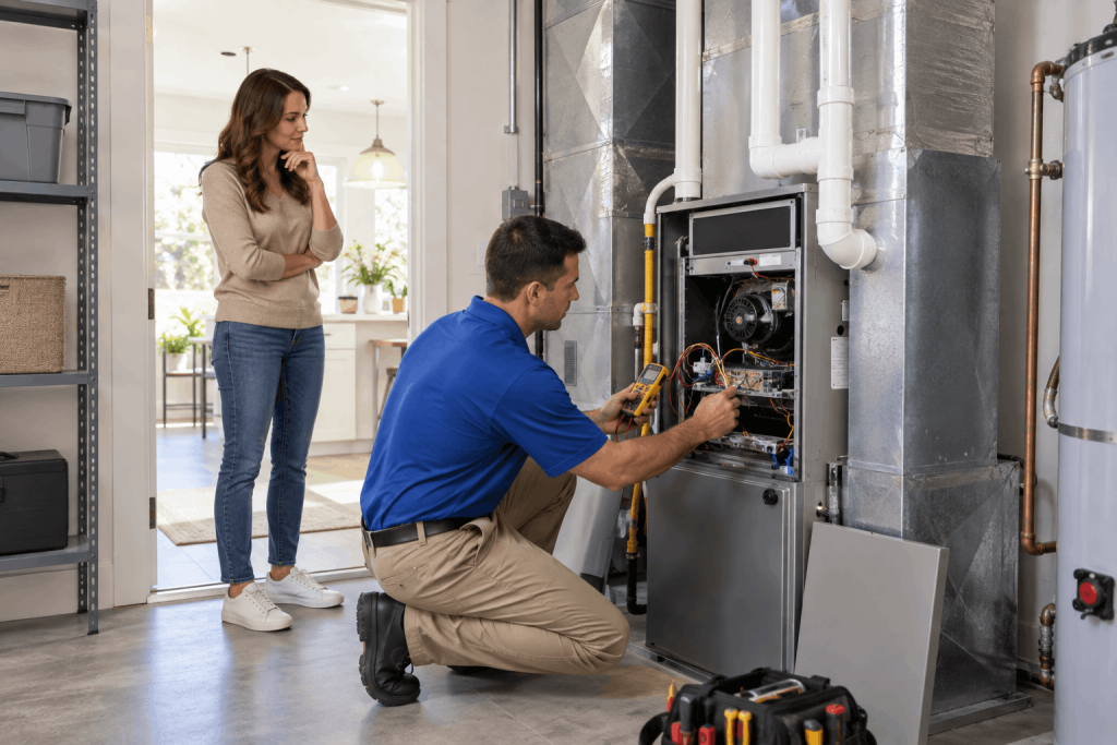 Technician performing HVAC service call inspection on a residential furnace