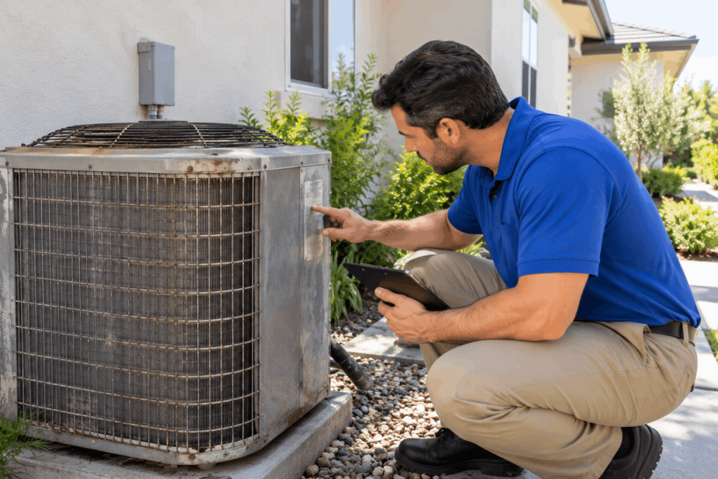 Technician checking equipment label to determine HVAC system age