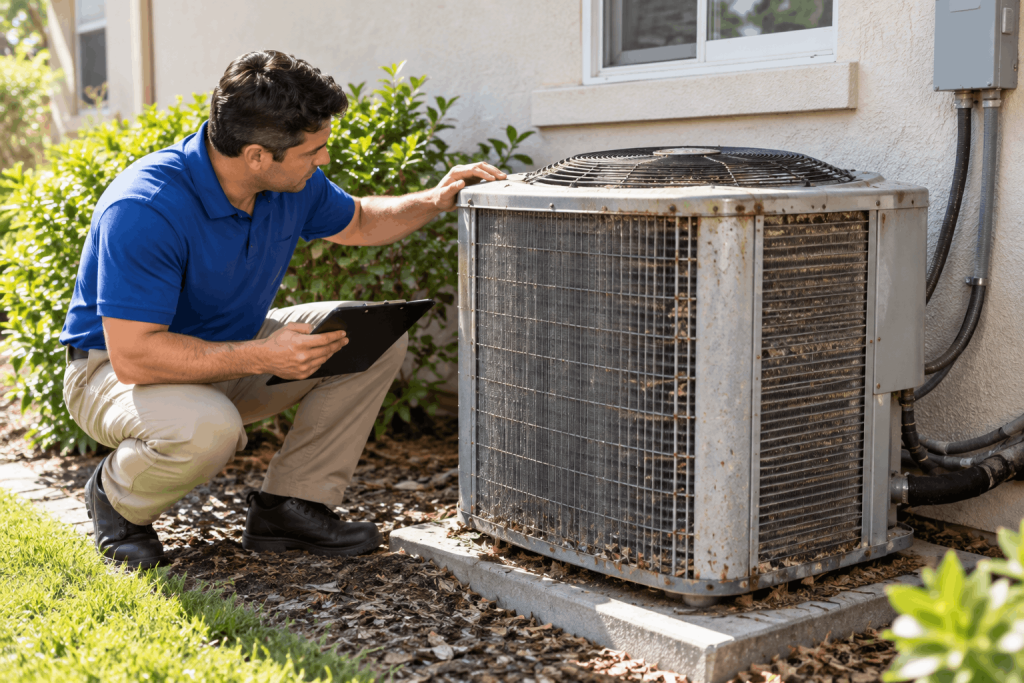 Technician inspecting an aging outdoor unit for HVAC system lifespan concerns