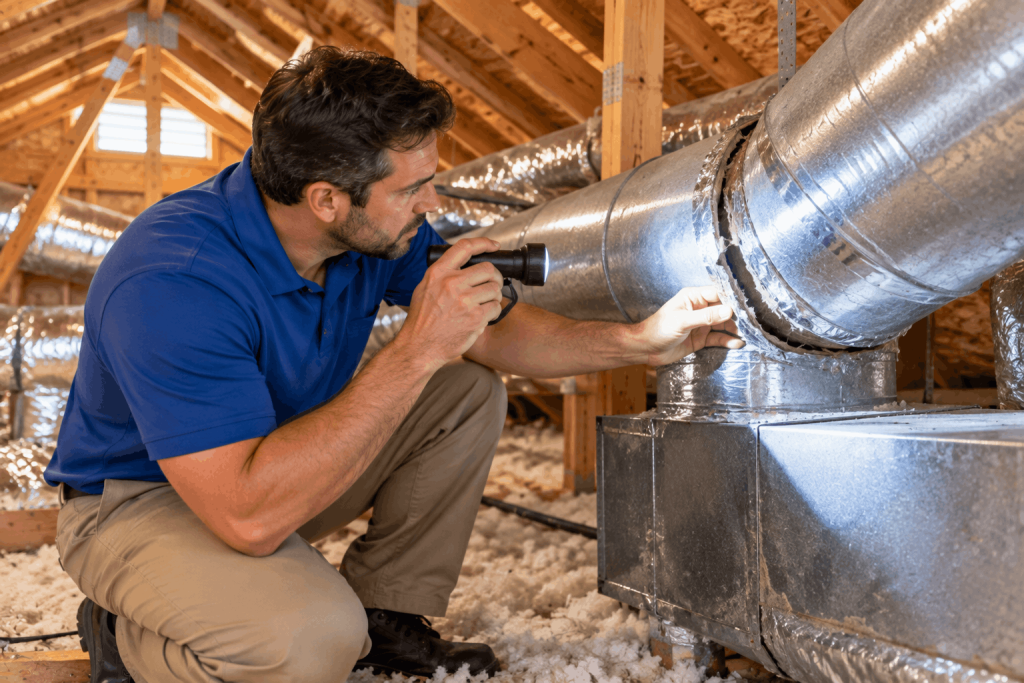 Technician inspecting leaking air duct signs in attic ductwork